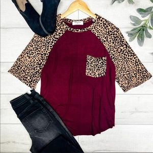 Zenana - Leopard Raglan Sleeve Patch Pocket Top - Dark Burgundy